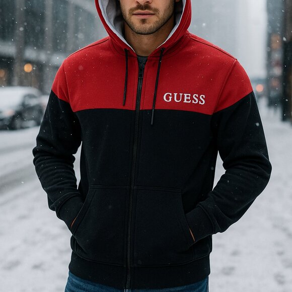 GUESS Los Angeles Red & Black Two-Tone Zip-Up Hoodie - Picture 1 of 13